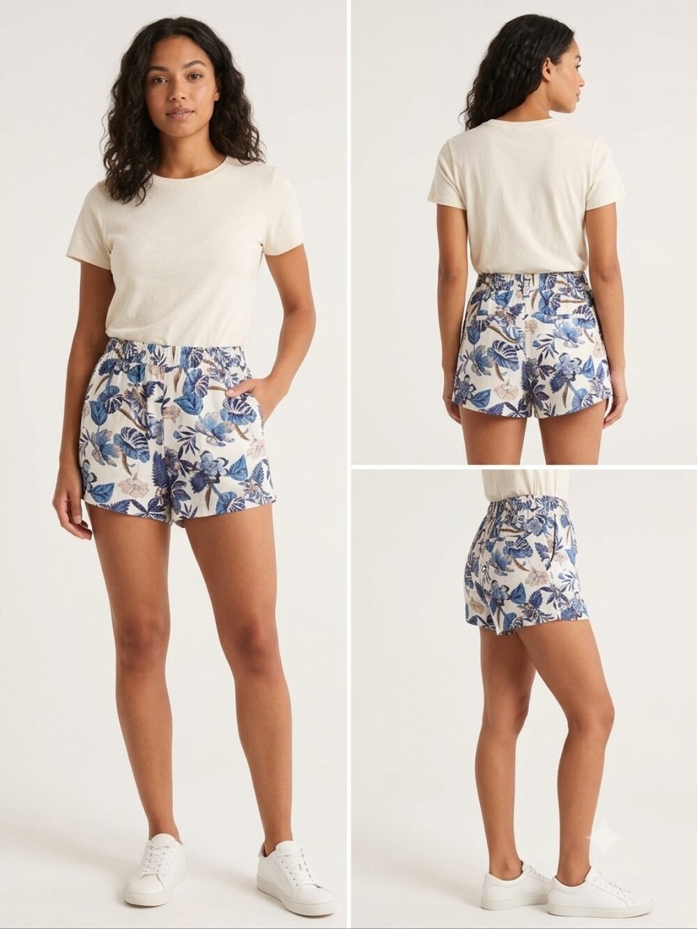 C&C California Floral Linen-Blend High-Rise Shorts - Size 6